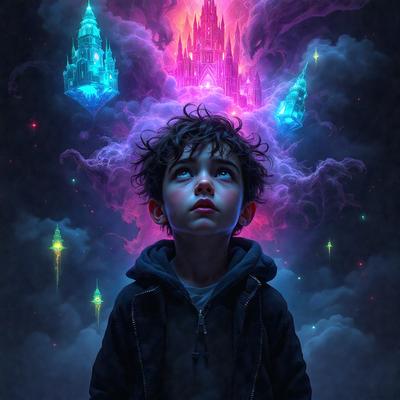 The primary subject of the image is a young boy with brown hair, wearing a black hoodie. He is looking up at the sky, which is filled with colorful lights and a castle in the background. The setting appears to be a nighttime scene with a cloudy sky. The visual style of the image is a digital art or illustration, creating a vibrant and lively atmosphere. The colors and mood of the image are predominantly dark and moody, with the boy's gaze and the lights